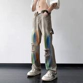 Men Jeans Vintage Inkjet Ribbon Ripped Jeans
